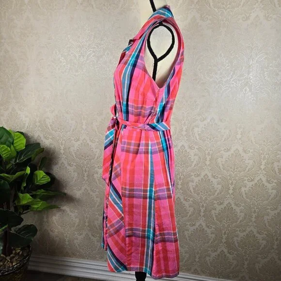 Tommy Hilfiger Size Large Pink Plaid Shirt Dress Button Front Sleevless Cotton - Picture 6 of 12